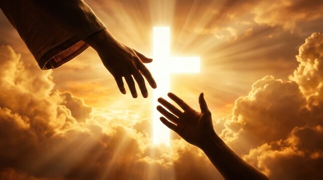 Human reaching towards the divine helping hand of Jesus Christ in a heavenly sky.