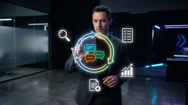 Feedback loop for continuous improvement, business professional using laptop, visualizing data driven communication, process analysis, and digital strategy for enhanced performance and planning