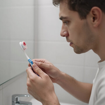 Technical Drawing Blood Expression. Male Character Confronts Oral Hygiene Issue In Bathroom, Toothbrush Displaying Blood