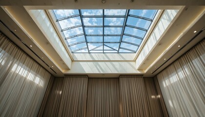 Fototapeta premium architectural glass ceiling with blue sky view and natural lighting