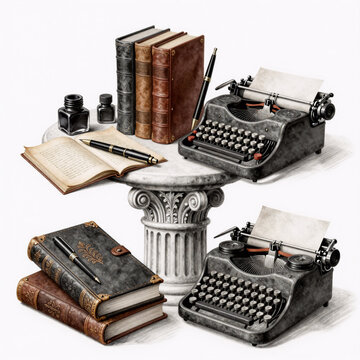 Charcoal Drawing Typewriter. Antique Column Engraving Featuring Literature, Hand-Drawn Set With Inkwell Writing Tools, Pens, Books, And Antiquated Manuscripts, Styled After A Typewriter Design