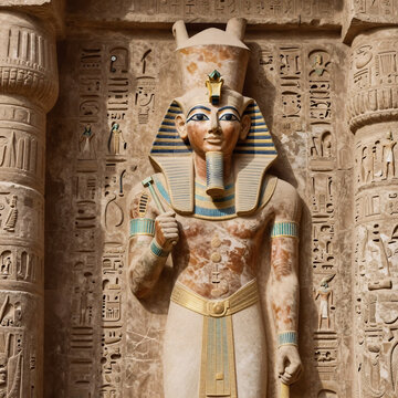 Indian Miniature Ancient Africa. An Egyptian Backdrop With Hieroglyphs And Symbols
