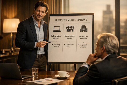 Businessman presenting subscription, marketplace and enterprise model options on flipchart during strategic meeting