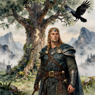 Watercolor Crow Ancient. Concept Art 3D Rendering Of A Mysterious Figure Near Yggdrasil With Glowing Rune On The Trunk, Featuring A Crow Flying Over Misty Mountains