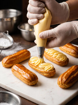 Chef Filling French Eclairs With Custard Cream In A Bakery