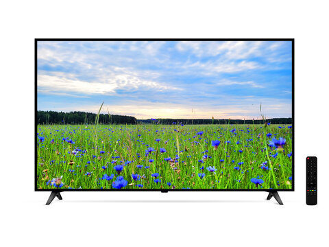 Smart tv with blue cornflowers field on screen and remote control isolated