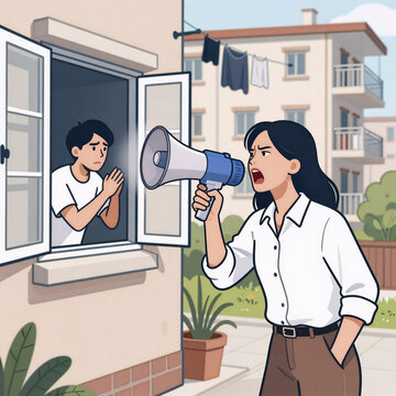 Linocut Megaphone Union. Woman Neighbor Annoys Man With Loudspeaker In Housing Dispute Illustration