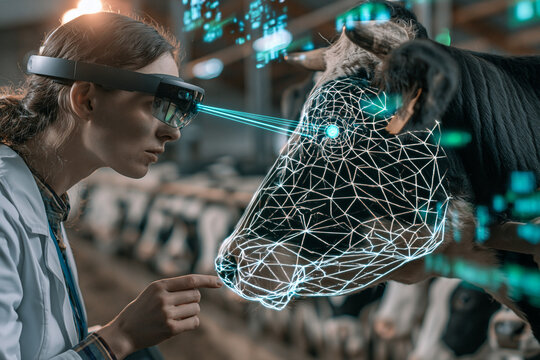 uma vaca com malha biom&eacute;trica 3D e hologramas de dados. Conceito de agritech, intelig&ecirc;ncia artificial e pecu&aacute;ria de precis&atilde;o em uma fazenda moderna