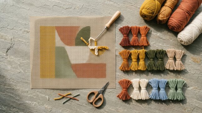 Rug hooking project with colorful yarn skeins on canvas. Handcrafted textile art creation with latch hook tool and scissors. Hobby, craft, and diy interior decor design process.