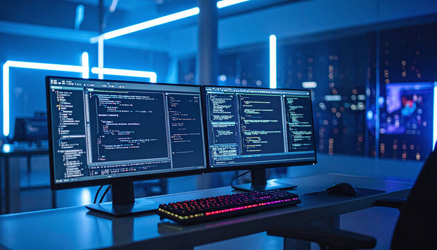 Futuristic workspace with dual monitors displaying code under neon blue lights. Nobody is present, evoking a sense of calm focus and hightech security. Perfect for tech or coding concepts.