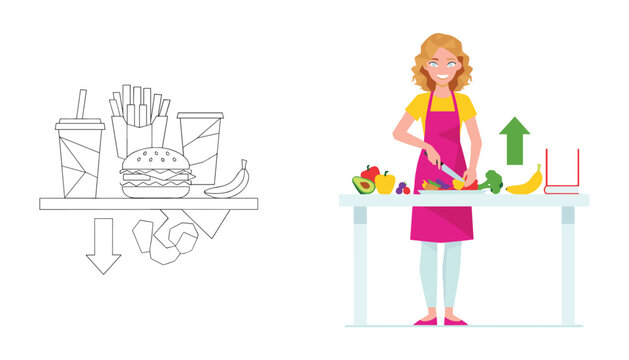 Woman wearing an apron prepares fresh vegetables for a meal while an uncolored outline shows fast food items like a burger and fries on the left.