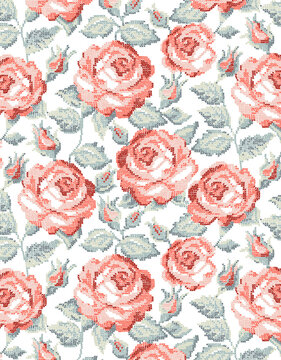 Pattern textile de roses au point de croix en illustration pour du print