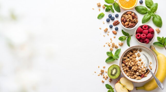 Healthy breakfast bowl with granola fruits and nuts on a white background