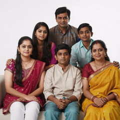Fototapeta premium Cinematic Indian Year. A Photorealistic Portrait Featuring An Indian Asian Family Sitting On A Sofa/Couch Against A White Background