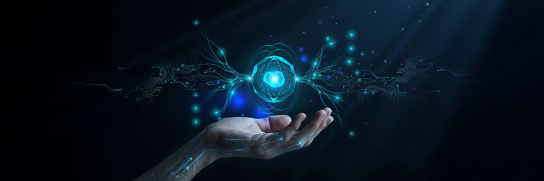 A human hand holding a glowing digital sphere with interconnected lines and nodes representing artificial intelligence and advanced network data