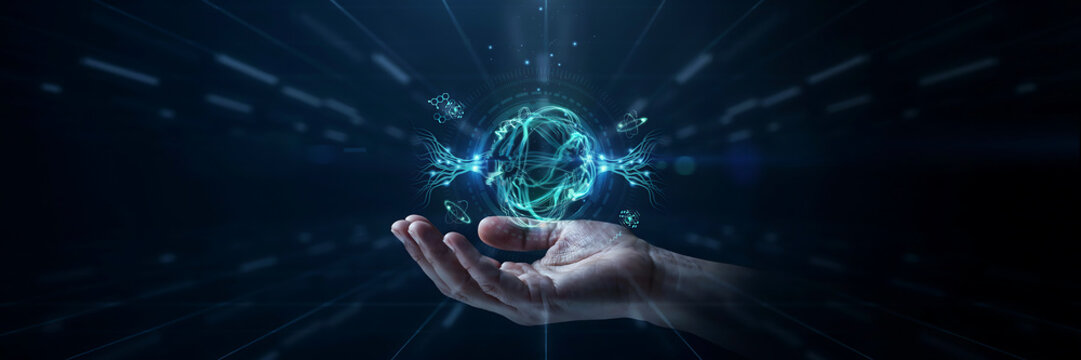 A human hand holds a glowing blue digital brain structure made of neural network lines against a dark background, with light speed streaks