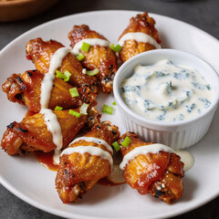 Fototapeta premium Editorial Illustration Cheese Blue. Chicken Wings Served With Blue Cheese Dip