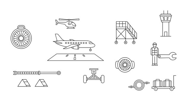 Assorted aviation maintenance and airport ground service icons including aircraft engine turbine, flight control tower, and ground crew.