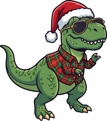 A cartoon green dinosaur wearing a santa hat and sunglasses © Mizan