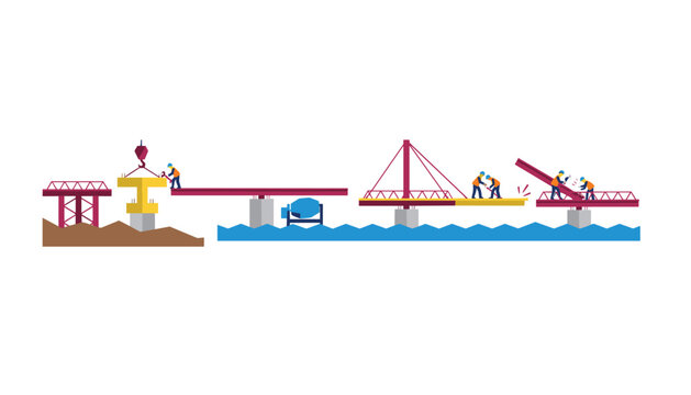 Team of construction workers builds bridge across water while utilizing a crane and mobile concrete mixing truck for the installation.
