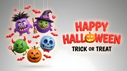 Fototapeta premium 3d rendered halloween characters including a purple monster, green witch, green devil, blue skull, and pumpkin on a light gray background