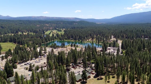Graeagle California - Aerial Approach Towards Mill Pond on Busy July Summer Weekend Facing South