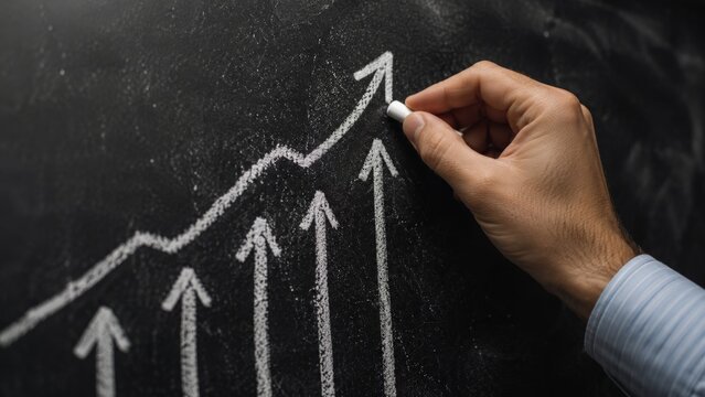 Businessman drawing rising arrow graph with white chalk on blackboard.