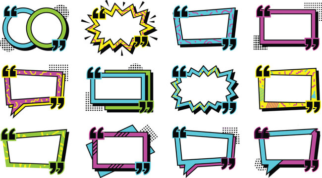 Collection of colorful comic book style speech bubbles and quote frames with geometric patterns on a white background