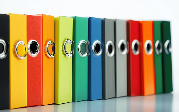 Colorful binders organized in a row on a clean surface