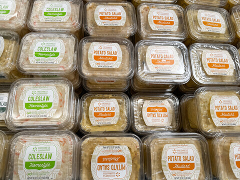 Mesa, Arizona - June 27, 2026: Display of potato salad and coleslaw prepackaged at the deli, at a Walmart store