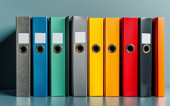 Colorful binders organized in a row on a clean surface