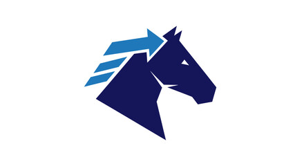 Modern blue horse head logo with forward moving arrow mane © Roy