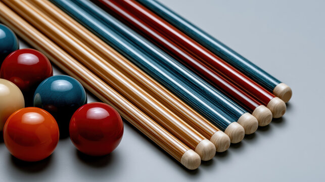 Colorful billiard balls and striped pool cues arranged on smooth surface, vibrant and playful composition for game room decor