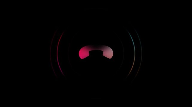 Minimalist phone call end animation, white telephone receiver symbol on black background, for ui ux, hang up