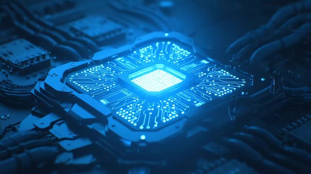Illuminated blue central processing unit with circuitry on dark background