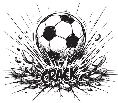 A black and white ink of a soccer ball smashing through a surface with a crack effect, dynamic sports