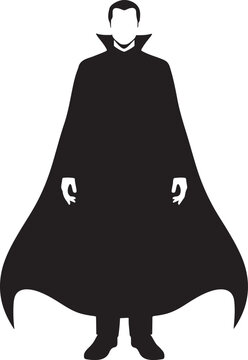 A black silhouette of a man wearing a long cape with a collar, isolated on a white background, gothic or horror