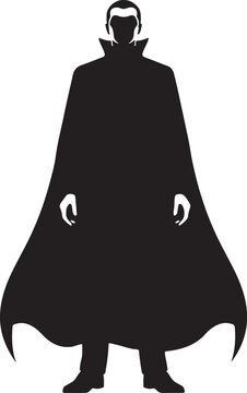 A black silhouette of a mysterious man wearing a long flowing cape and a collar, isolated on a white background, for gothic themes