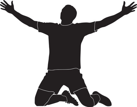 A black silhouette of a soccer player kneeling on the ground with arms raised in celebration, isolated on a white background