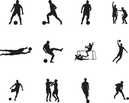 A collection of black silhouettes featuring soccer players in various action poses, including dribbling, shooting, and goalkeeping