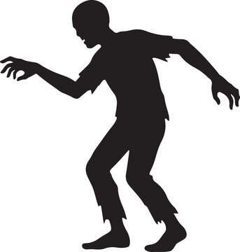 A black silhouette of a walking zombie with tattered clothes and outstretched arms, isolated on a white background, for horror themes