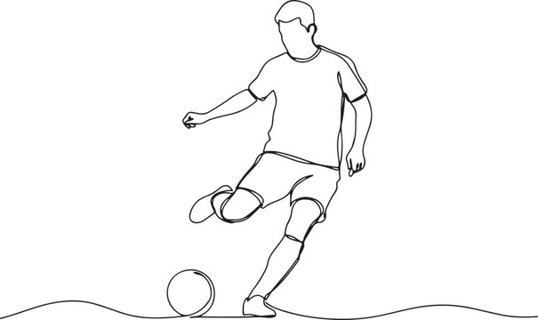 A single continuous line of a soccer player kicking a ball, showing athletic motion and skill on a white background