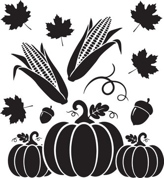 Autumn harvest collection featuring black silhouettes of pumpkins, corn cobs, maple leaves, and acorns, isolated on a white background, flat
