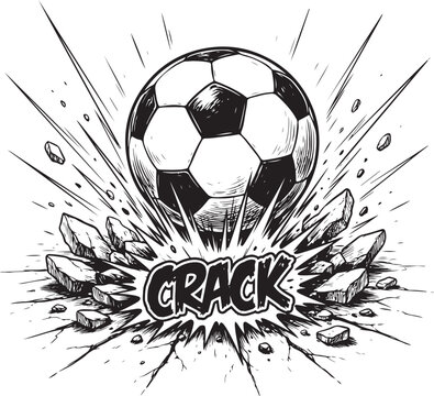 Black and white ink of a soccer ball hitting the ground with a crack effect, featuring shattered stone fragments and motion lines