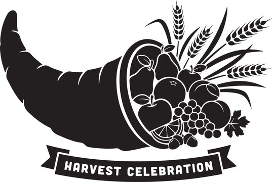 Black silhouette of a cornucopia overflowing with harvest fruits, wheat, and leaves, with a banner underneath reading harvest celebration