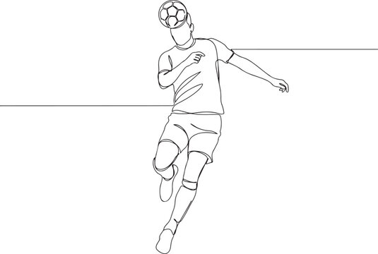 A single continuous line of a soccer player heading a ball, capturing movement and athletic skill on a white background