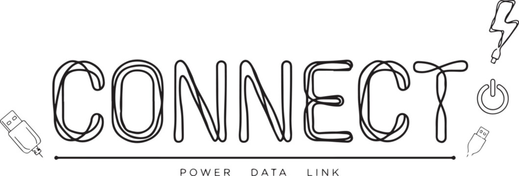 Connect typography with power and data link symbols, black line isolated on a white background, technology concept