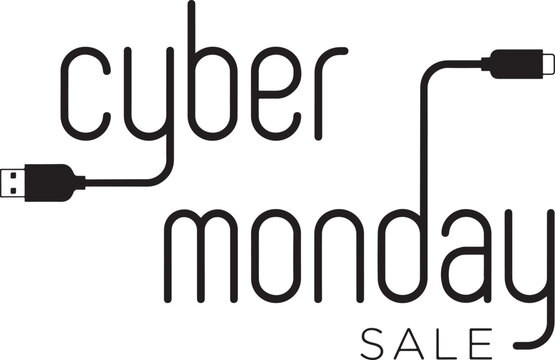 Cyber monday sale promotional with usb cable typography, black text on a white background, digital shopping event advertisement