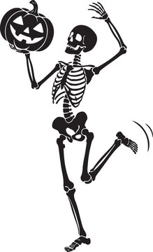 Dancing skeleton silhouette holding a carved jack-o-lantern pumpkin, halloween themed black isolated on a white background