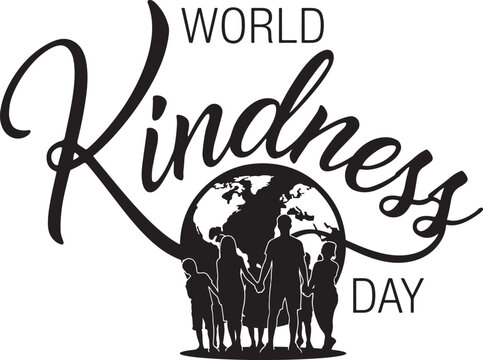 Kindness day emblem with black silhouette of a family standing before a globe, typography, isolated on a white background